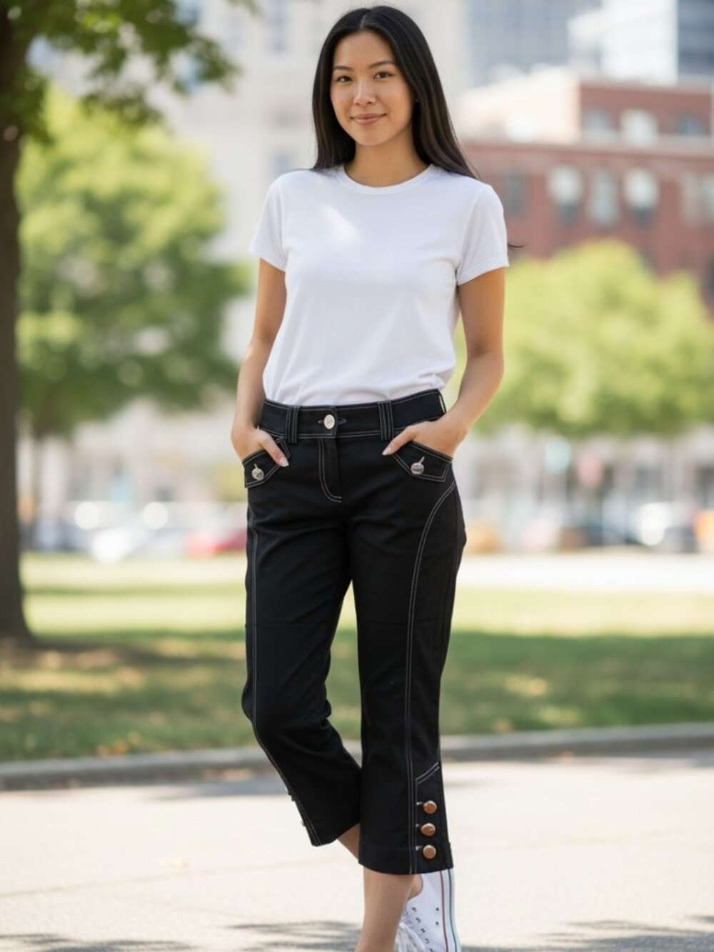 Caché Black Contrast Stitch Cropped Pants Size 6